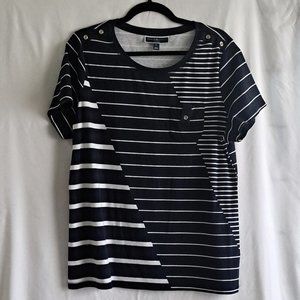 Tshirt, 1X, Blue, White, Horizontal Stripes, Short Sleeve, Karen Scott Sport
